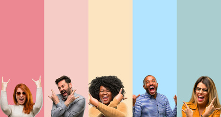 Poster - Cool group of people, woman and man making rock symbol with hands, shouting and celebrating