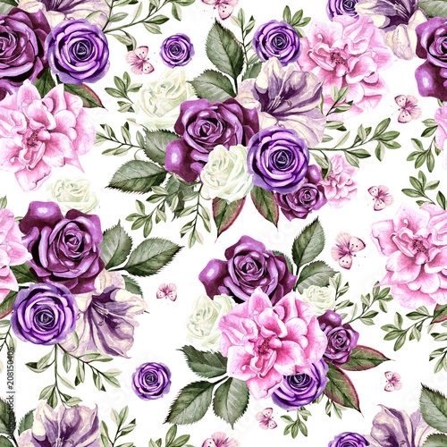 Bright watercolor flowers seamless pattern with roses, peony, petunia and but...
