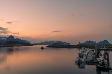 The fishing harbor of Kabelvag at Lofoten Islands / Norway at sunset