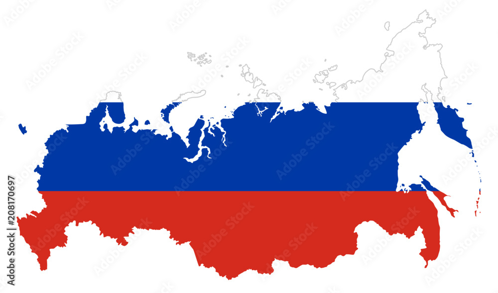 Flag of Russia in the country silhouette. Tricolor flag of three horizontal fields in white, blue and red color. Outline of the Russian Federation, country in Eurasia. Illustration over white. Vector. - obrazy, fototapety, plakaty 