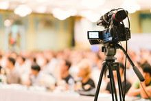 Video Camera Set Record Audience In Conference Hall Seminar Event. Company Meeting, Exhibition Convention Center, Corporate Announcement, Public Speaker, Journalism Industry, Or News Reporter Concept