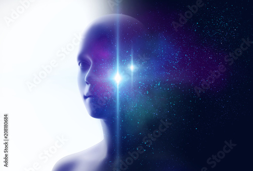 Cuadros en Lienzo silhouette of virtual human and nebula cosmos 3d illustration