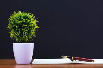 Wall Mural - Fountain pen or ink pen with notebook paper and little decoration tree in white vase on wooden working table with copy space, office desk concept.