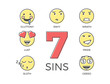 7 deadly sins represented by seven emoticon character expressions. Vector thin line icon illustrations. Colorful outline effect. Wrong negative behaviours according to religion.