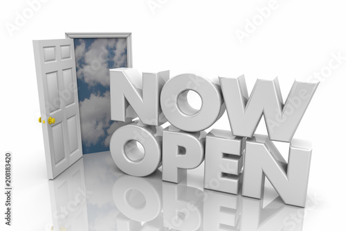 Fényképezés Now Open Door Business Hours Grand Opening Words 3d Render Illustration