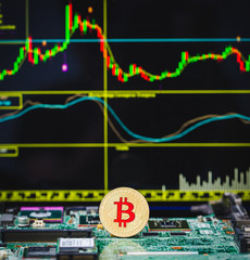 Financial growth concept with golden Bitcoins ladder on forex chart background