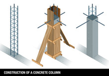 CONSTRUCTION OF A CONCRETE COLUMN. The Graph Shows A Column Of Concrete Before And After The Wooden Formwork On A White Background. Vector Image