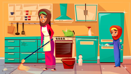 Vector cartoon muslim khaliji mother, daughter in hijab cleaning kitchen together, doing household chores. Female arab women characters wiping floor, dust interior furniture, fridge, cooking stove