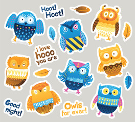 Poster - Stickers designs with blue and orange owls and messages. Vector illustration