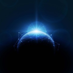 Wall Mural - planet earth with sunrise and technology network. vector illustration