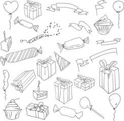 Wall Mural - Festive gift boxes and sweets sketch isolated on white.