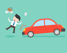 Businessman Hit By A Car, Accident And Insurance Concept Flat Design