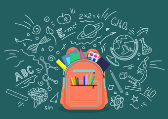 Wall Mural - Open school backpack full of stationery with chalk doodle background. Education, subjects, studying concept. Vector illustration.