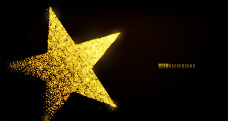 Star banner background design with glowing particles isolated on dark black backdrop. Copy space. Light golden star shape consist of shine, glitter, glow, spark effect