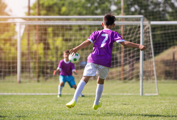 Wall Mural - Boy kicking football on the sports field