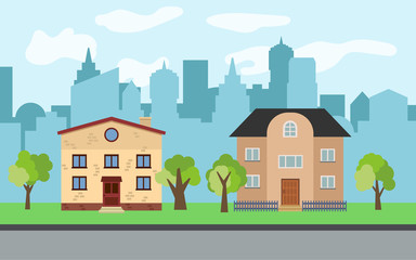 Vector city with two two-story cartoon houses and green trees in the sunny day. Summer urban landscape. Street view with cityscape on a background
