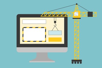 Crane working with website page in computer screen, under construction concept flat design