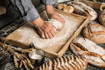 Bakery - baker's hands kneading raw dough, making bread