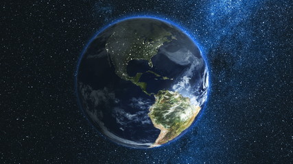 Wall Mural - realistic earth planet, rotating on its axis in space against the background of the milky way star s