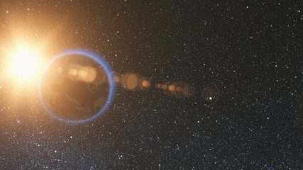 Wall Mural - space view on planet earth and sun star rotating on its axis in black universe. seamless loop with d