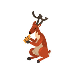 Wall Mural - Deer playing harmonica, cartoon animal character with musical instrument vector Illustration on a white background