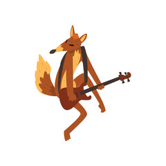 Wall Mural - Fox playing guitar, cartoon animal character with musical instrument vector Illustration on a white background