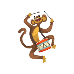 Wall Mural - Cute funny monkey playing drum, cartoon animal character with musical instrument vector Illustration on a white background