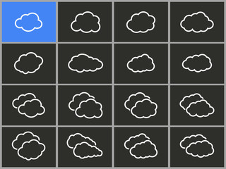 Wall Mural - Clouds sky icons set. Thin line vector illustration, outline pictogram isolated on black. Element for graphic and web design. 