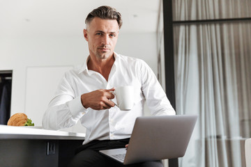 Poster - Charming man dressed in formal clothes using laptop