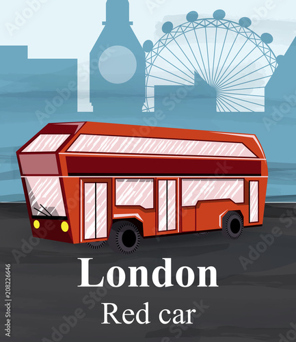 Fotomural London red bus Vector. Travel card flat style illustrations