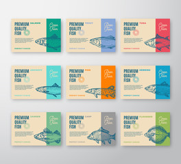 Premium Quality Fish Labels Collection. Abstract Vector Packaging Design or Label. Modern Typography and Hand Drawn Fish Silhouettes Background Layouts with Soft Shadows.