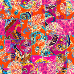 Aufkleber - Seamless background pattern. Patchwork pattern with Paisley ornament patterns. Bright magenta and orange colors. Ethnic indian style.