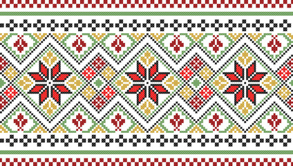 Wall Mural - Embroidered old handmade cross-stitch ethnic Ukrainian pattern. Towel with ornament, called rushnyk in vector