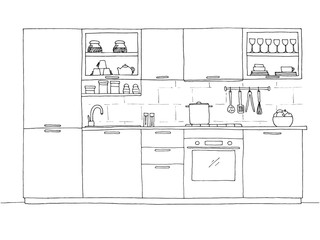 Hand drawn kitchen furniture. Vector illustration in sketch style