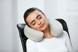 © puhhha - Travel Pillow. Woman With Pillow On Neck.