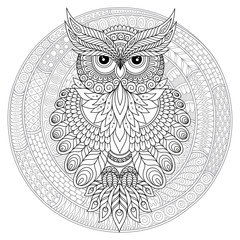 Canvas Print -  Coloring page with cute owl and floral frame.