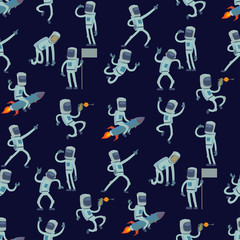 Wall Mural - Astronaut in space vector character having fun spaceman galaxy cosmos atmosphere astronautics system fantasy traveler man seamless pattern background.