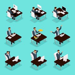Wall Mural - trendy isometric people, 3d businessman, concept with young businessman, workflow, search for employ