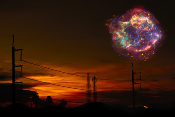 Wall Mural - Galaxy back on night cloud sunset sky silhouette power elecrtic pillar