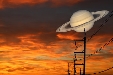 Wall Mural - Saturn back on night cloud sunset sky silhouette power elecrtic pillar ,concept Saturn near Earth