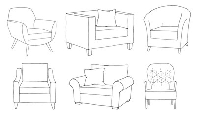 Set of different soft armchairs. Linear sketch. Vector illustration.