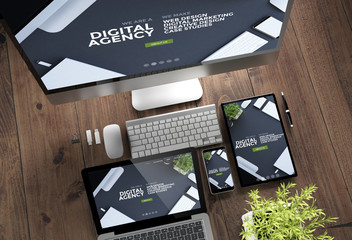 Poster - wooden desktop devices online digital agency responsive design