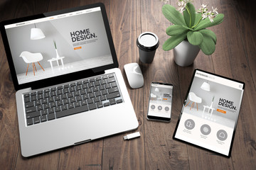 Canvas Print - three devices on wooden desk top view interior design website