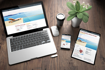 Poster - three devices on wooden desk top view directory resort