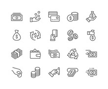 Simple Set Of Money Related Vector Line Icons. Contains Such Icons As Wallet, ATM, Bundle Of Money, Hand With A Coin And More. Editable Stroke. 48x48 Pixel Perfect.