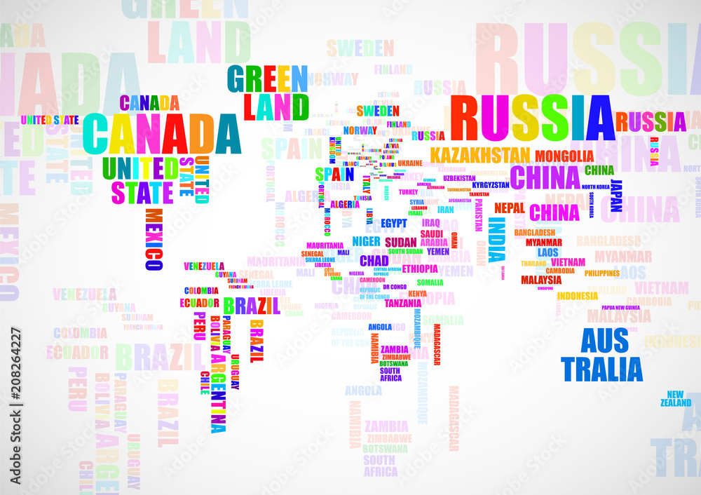 Typography colorful world map with country names Stock Vector | Adobe Stock