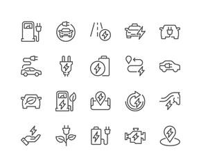 simple set of electro car related vector line icons. contains such icons as charger station, travel 