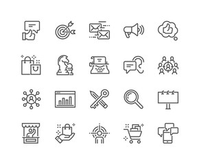 Simple Set of Marketing Related Vector Line Icons. Contains such Icons as Mail Marketing, Target Audience, Keywording, Product Presentation and more. Editable Stroke. 48x48 Pixel Perfect.