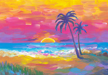 Palms Beach, Sunset, Sand, Ocean. Seaside Landscape. Abstract Oil Painting