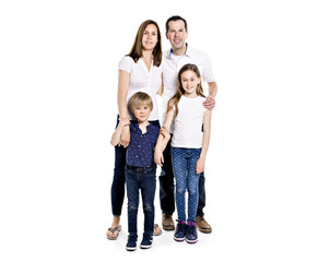 Happy family with two kids on studio white background